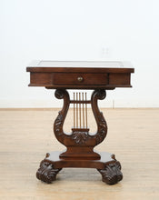 Load image into Gallery viewer, “Savoy Lyre” Mahogany Console Table – Acanthus Carved Base &amp; Pull-Out Cup Holders
