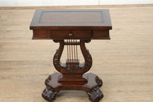 Load image into Gallery viewer, “Savoy Lyre” Mahogany Console Table – Acanthus Carved Base &amp; Pull-Out Cup Holders
