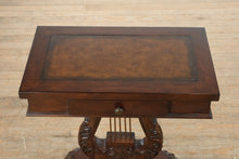 Load image into Gallery viewer, “Savoy Lyre” Mahogany Console Table – Acanthus Carved Base &amp; Pull-Out Cup Holders
