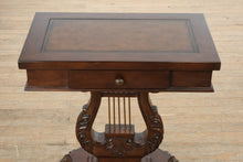 Load image into Gallery viewer, “Savoy Lyre” Mahogany Console Table – Acanthus Carved Base &amp; Pull-Out Cup Holders
