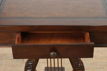 Load image into Gallery viewer, “Savoy Lyre” Mahogany Console Table – Acanthus Carved Base &amp; Pull-Out Cup Holders
