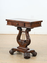 Load image into Gallery viewer, “Savoy Lyre” Mahogany Console Table – Acanthus Carved Base &amp; Pull-Out Cup Holders
