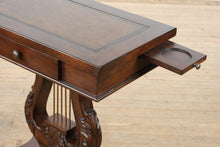 Load image into Gallery viewer, “Savoy Lyre” Mahogany Console Table – Acanthus Carved Base &amp; Pull-Out Cup Holders
