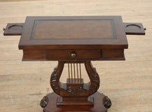 Load image into Gallery viewer, “Savoy Lyre” Mahogany Console Table – Acanthus Carved Base &amp; Pull-Out Cup Holders
