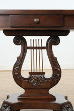 Load image into Gallery viewer, “Savoy Lyre” Mahogany Console Table – Acanthus Carved Base &amp; Pull-Out Cup Holders
