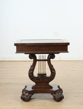 Load image into Gallery viewer, “Savoy Lyre” Mahogany Console Table – Acanthus Carved Base &amp; Pull-Out Cup Holders
