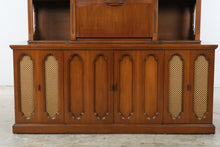 Load image into Gallery viewer, Rare Mid Century Modern Bar Cabinet Hutch with Drop Front Dry Bar and Display Shelves
