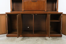 Load image into Gallery viewer, Rare Mid Century Modern Bar Cabinet Hutch with Drop Front Dry Bar and Display Shelves
