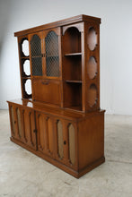 Load image into Gallery viewer, Rare Mid Century Modern Bar Cabinet Hutch with Drop Front Dry Bar and Display Shelves
