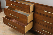 Load image into Gallery viewer, Mid Century Modern Walnut 7 Drawer Dresser Brass Hardware 64 Inch
