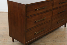 Load image into Gallery viewer, Mid Century Modern Walnut 7 Drawer Dresser Brass Hardware 64 Inch
