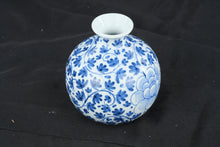 Load image into Gallery viewer, Blue &amp; White Floral Porcelain Bud Vase Round Chinoiserie Style 5"
