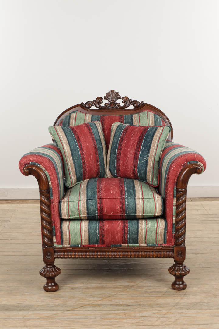 Mahogany Barley Twist Arm Chair with Newer Striped Upholstery
