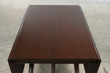 Load image into Gallery viewer, Vintage Mahogany Drop Leaf Dining Table with Triple Pedestal Brass Capped Base
