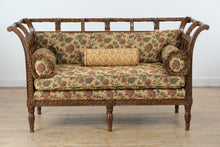 Load image into Gallery viewer, Maitland Smith Carved Wood Settee Sofa with Lattice Sides and Floral Upholstery
