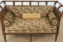 Load image into Gallery viewer, Maitland Smith Carved Wood Settee Sofa with Lattice Sides and Floral Upholstery
