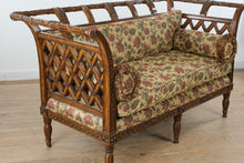 Load image into Gallery viewer, Maitland Smith Carved Wood Settee Sofa with Lattice Sides and Floral Upholstery
