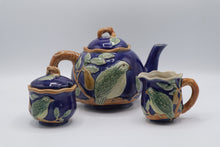Load image into Gallery viewer, Henrys Ceramic Imports Majolica Bird Teapot Sugar Creamer 3 Piece Tea Set
