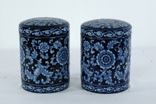 Load image into Gallery viewer, Pier 1 Mandarin Cobalt Blue White Stoneware Canisters w Lids Set of 2
