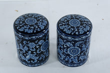 Load image into Gallery viewer, Pier 1 Mandarin Cobalt Blue White Stoneware Canisters w Lids Set of 2
