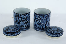 Load image into Gallery viewer, Pier 1 Mandarin Cobalt Blue White Stoneware Canisters w Lids Set of 2
