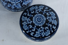 Load image into Gallery viewer, Pier 1 Mandarin Cobalt Blue White Stoneware Canisters w Lids Set of 2
