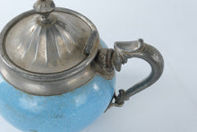 Load image into Gallery viewer, Antique Manning Bowman Blue Graniteware Enamel Teapot Pewter Trim 1880s
