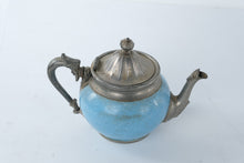 Load image into Gallery viewer, Antique Manning Bowman Blue Graniteware Enamel Teapot Pewter Trim 1880s
