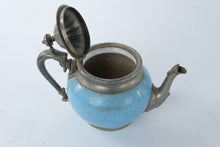 Load image into Gallery viewer, Antique Manning Bowman Blue Graniteware Enamel Teapot Pewter Trim 1880s
