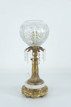 Load image into Gallery viewer, Hollywood Regency Mantel Lamp with Cut Glass Globe, Crystal Prisms &amp; Marble Base
