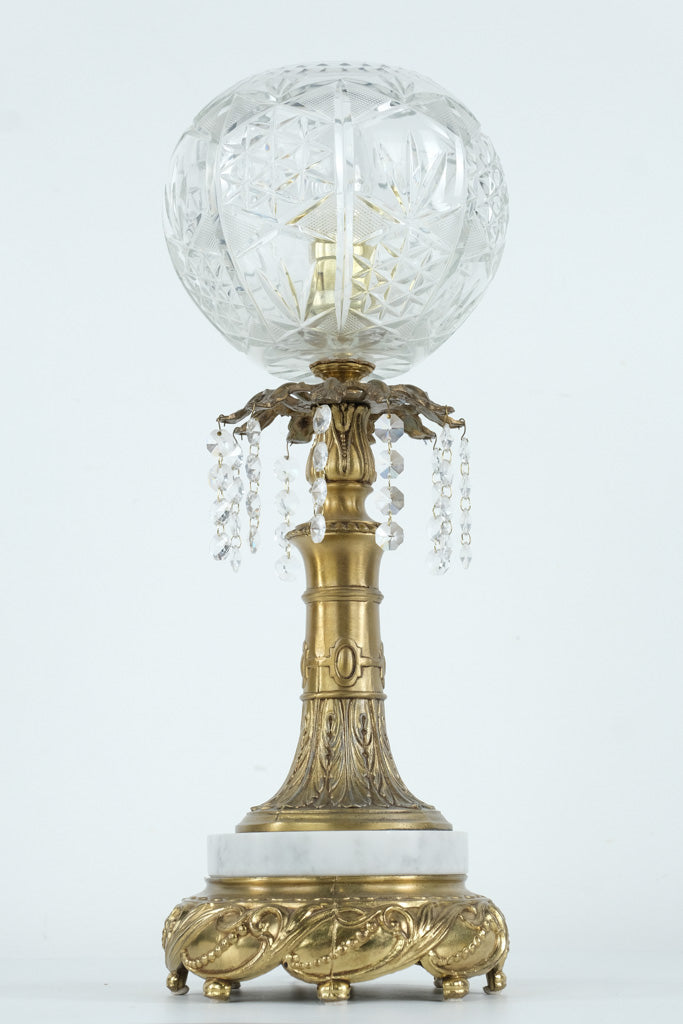 Hollywood Regency Mantel Lamp with Cut Glass Globe, Crystal Prisms & Marble Base