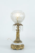 Load image into Gallery viewer, Hollywood Regency Mantel Lamp with Cut Glass Globe, Crystal Prisms &amp; Marble Base

