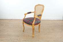 Load image into Gallery viewer, French Provincial Cane Back Armchair with Plaid Upholstered Seat
