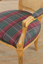 Load image into Gallery viewer, French Provincial Cane Back Armchair with Plaid Upholstered Seat
