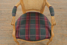 Load image into Gallery viewer, French Provincial Cane Back Armchair with Plaid Upholstered Seat
