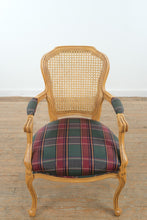 Load image into Gallery viewer, French Provincial Cane Back Armchair with Plaid Upholstered Seat
