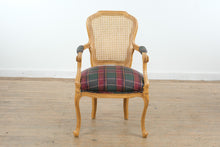 Load image into Gallery viewer, French Provincial Cane Back Armchair with Plaid Upholstered Seat
