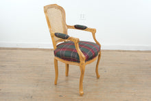 Load image into Gallery viewer, French Provincial Cane Back Armchair with Plaid Upholstered Seat
