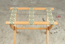 Load image into Gallery viewer, Wood Folding Luggage Rack Floral Tapestry Straps Natural Finish Guest Room Stand
