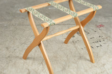 Load image into Gallery viewer, Wood Folding Luggage Rack Floral Tapestry Straps Natural Finish Guest Room Stand
