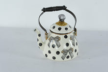 Load image into Gallery viewer, MacKenzie-Childs “Pretty as a Bow” 2-Quart Tea Kettle – Black &amp; White Polka Dot Enamel with Ribbon Bow Design
