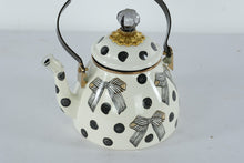 Load image into Gallery viewer, MacKenzie-Childs “Pretty as a Bow” 2-Quart Tea Kettle – Black &amp; White Polka Dot Enamel with Ribbon Bow Design

