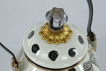 Load image into Gallery viewer, MacKenzie-Childs “Pretty as a Bow” 2-Quart Tea Kettle – Black &amp; White Polka Dot Enamel with Ribbon Bow Design
