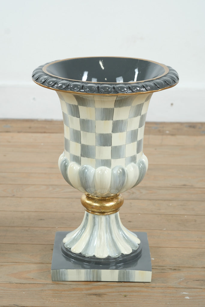 MacKenzie-Childs Sterling Check Pedestal Urn – Hand-Painted Tabletop Centerpiece, 13” Tall