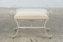 Load image into Gallery viewer, Cream Wrought Iron Scroll Vanity Bench Upholstered Seat Brass Feet
