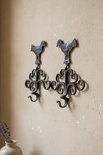 Load image into Gallery viewer, Antique Hand Forged Iron Bird Wall Hooks Pair Folk Art Scroll Coat Hooks
