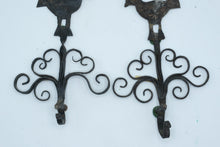Load image into Gallery viewer, Antique Hand Forged Iron Bird Wall Hooks Pair Folk Art Scroll Coat Hooks
