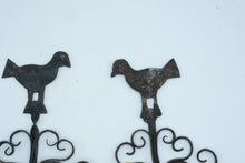Load image into Gallery viewer, Antique Hand Forged Iron Bird Wall Hooks Pair Folk Art Scroll Coat Hooks
