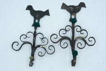 Load image into Gallery viewer, Antique Hand Forged Iron Bird Wall Hooks Pair Folk Art Scroll Coat Hooks
