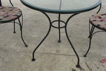 Load image into Gallery viewer, Wrought Iron Glass Top Bistro Table and Two Floral Side Chairs
